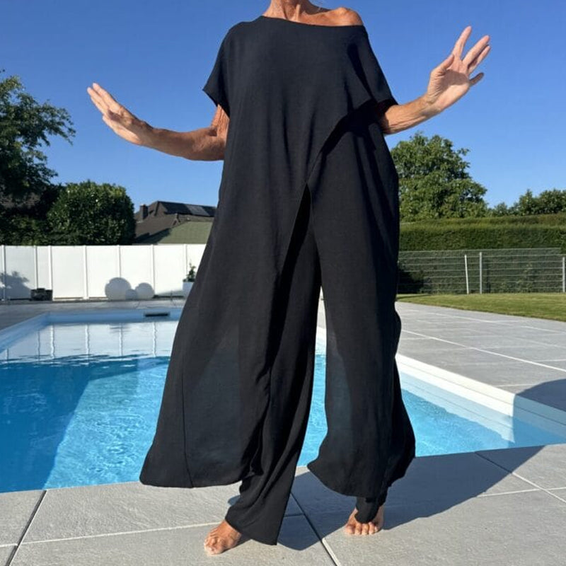 Bianca - Set met effen off-shoulder top en broek